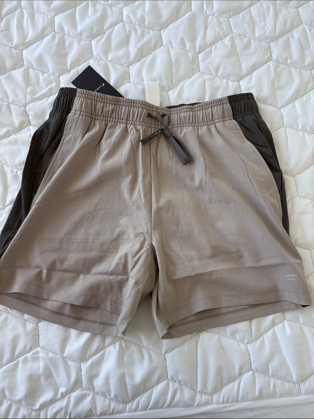 Fabletics Men's Taupe Shorts with Dark Brown Side Panels